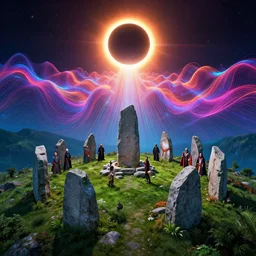 ancient ritual at stone ruins on lush mountaintop under dramatic eclipse, infinite quantum waves, synthwave, bright neon colors, highly detailed, cinematic, robert morello, vladimir kush, philippe druillet, chris foss, bob eggleton, michael whelan, bruce pennington, alfred kelsner, kubrick, jaroslaw jasnikowski