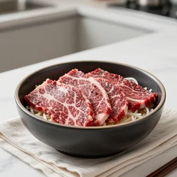 realistic photo of delicious yakiniku, bowl, white kitchen table, cloth, marble, highly detailed, by louise lister, sara ali, mary devinat, kailee mandel, masterpiece, award winning, food photography