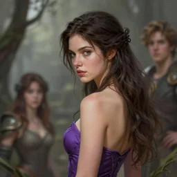 brunette fairy woman, wearing purple strapless dress, d & d, fantasy, highly detailed, digital painting, trending on artstation, concept art, sharp focus, illustration, art by artgerm and greg rutkowski and magali villeneuve, over the shoulder point of view
