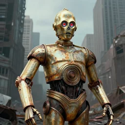 portrait of a rusty old star wars cylon mass effect C3PO robot Overgrown New York City, post apocalyptic, abandoned, digital art, 4k, high quality render, unreal engine, trending on artstation, syd mead, Ralph McQuarrie, craig mullins,