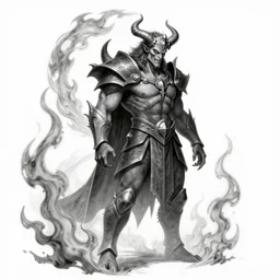 full body grayscale drawing by Anato Finnstark of diablo lord of terror in 3/4 view, swirling flames