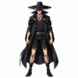 a full body shot of a demon necromancer by Takeshi Obata,,wears shorts, wears a destroyed hat ,highly detailed,artstation,manga