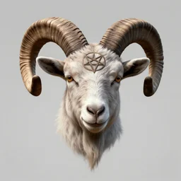 a realist rendered portrait of a human with a goat head with large curly horns and a pentagram on its forehead, empty background, unreal octane cinema 4 d