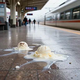 photo of a train station, with floor flooded with ice cream