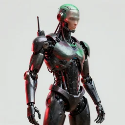 hyper - realistic drawing of a human cyborg, low - tech, 4 k, shader, red black green
