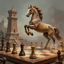 a chess piece comes alive, the horse jumps over the ancient tower piece in the wooden chessboard, fantasy art, in the style of greg rutkowski, illustration, epic, fantasy, cinematic, intricate, hyper detailed, artstation, concept art, smooth, sharp focus, ray tracing