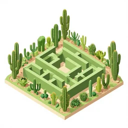 An axonometric or isometric view Illustration of an intricate labyrinth garden with cacti. Contrast. High quality.