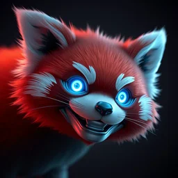league of legends concept art cute android red panda with glowing blue eyes, grinning, art by charles liu, head close - up shot, fantasy style, soft lighting, vibrant color scheme, perfect angle, head frontview shot, ultra detailed, hyperrealism, empty background, volumetric lighting, octane render, commission art, 8 k wallpaper