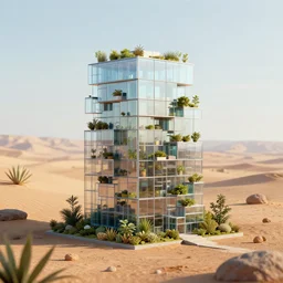 a building made of rectangle tetris, in the dessert, glass and plants, octane render, trending on artstation