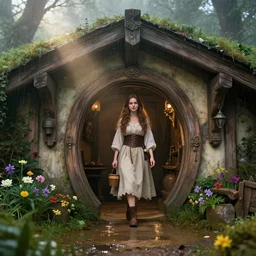 beautiful brunette girl in a medieval hobbit home, ornate, beautiful, atmosphere, vibe, mist, rain, wet, puddles, forest, flowers, concept art illustration, color page, 4 k, tone mapping, doll, ilya kuvshinov, akihiko yoshida, james jean, andrei riabovitchev, marc simonetti, yoshitaka amano, digital illustration, greg rutowski, volumetric lighting, sunbeams, particles