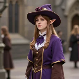 half - elf female student of a magical academy wearing a purple and brown apprentice uniform with a fancy hat