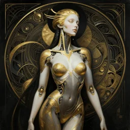 extremely psychedelic beautiful cyborg queen of lsd infected by night. intricate, elegant, highly detailed, extremely lifelike photorealistic digital painting, artstation. steichen, gaston bussiere, tom bagshaw, cyberpunk alphonse mucha. elegant minimalism, powerful. anatomically correct in every way. sultry. sharp focus. gold and black with white accents. melancholic. very lifelike