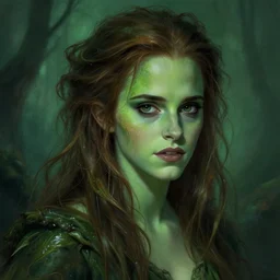 mindblowing portrait of emma watson as a swamp witch, green colored skin!!, messy hair, deep focus, d & d, fantasy, intricate, elegant, highly detailed, digital painting, artstation, concept art, matte, sharp, illustration, hearthstone, art by artgerm and greg rutkowski and alphonse mucha