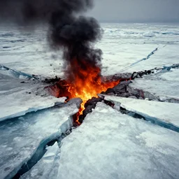colored vintage horrific photo of an ice floe meeting magma in the middle, textured, skewed perspective, last photo ever taken, apocalyptic event