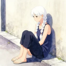 concept, girl sitting on street, against wall, pretty, sitting alone, looking left down street, long white braids, singular, isamu imakake, styled, photoshop mid filter, anime, watercolor, full far portrait, stylistic lighting + masterpiece,
