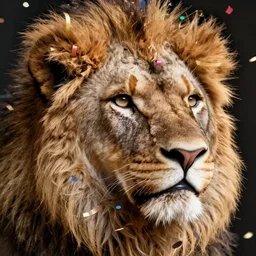 closeup portrait of lion head, lion fur made from party ribbons floating party confetti , concept art, huge scale, high detail, intricate by Pablo Picasso and Dali and James Jean
