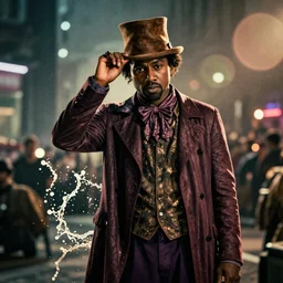 Kanye West as 'willy wonka'!!!! in gears of war, splash art, movie still, cinematic lighting, dramatic, octane render, long lens, shallow depth of field, bokeh, anamorphic lens flare, 8k, hyper detailed, 35mm film grain