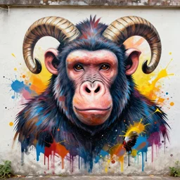 maximalist splatter paint of a anthropomorphic ape with cow ears pig nose chicken feathers sheep horns on a mural wall