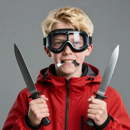 a blonde teenager, goggles, red jacket, knife in his mouth, knife in his right hand and a knife in his left hand, photorealistic, hd, high details