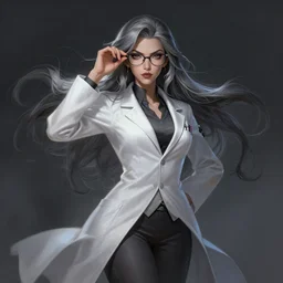 a highly detailed illustration of beautiful long grey haired mad scientist woman wearing labcoat and glasses, dramatic manic pose, intricate, elegant, highly detailed, centered, digital painting, artstation, concept art, smooth, sharp focus, league of legends concept art, wlop.