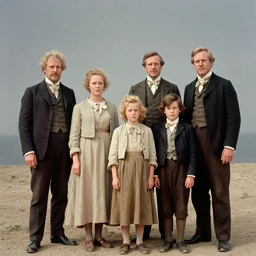70mm film still from a sci fi blockbuster color movie made in 2019, set in 1860, of a  family standing in a park, next to some alien plants and flowers, the family are all wearing 1850s era clothes, good lighting, good photography
