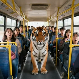photo of a tiger inside a bus, scared human passengers in the background, wide angle, highly - detailed realistic