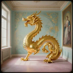 golden dragon in a room, daguerreotype by edward hopper, by henri rousseau, by Bosch, by Pontormo, art noveau, highly detailed, strong lights, liminal, eerie, Bright pastel colors, octane render, 8k