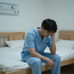 a sad young male nurse sitting on a bed in an empty modern apartment