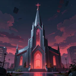 A cyberpunk church, by Naomi Okubo, landscape, dramatic lighting, high contrast colors, panoramic view, as trending on Artstation, highly detailed,
