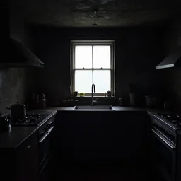 ambient occlusion, underexposed photography, dark underground kitchen, windowless