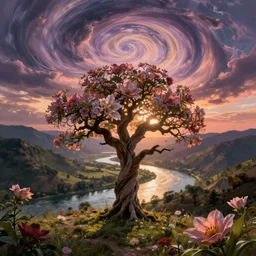 digital painting surrealism flower tree river valley at sunrise surreal swirly sky esao andrews victor enrich dali