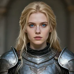 fantasy RPG symmetrical portrait, centered shoulders up view, young blonde woman, blonde hair, blue eyes, iron plate armour, pale skin, 4k, by Marc Simonetti, highly detailed, soft lighting 8k resolution