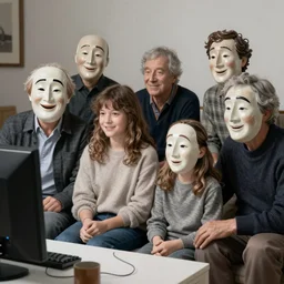 family with actor's ceramic masks watching tv, style of henrik sahlstrom and paolo roversi, 8 k, sharp focus, soft light, volumetric lighting, highly detailed realistic, refined, artstation