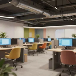 modern newsroom, colorful furniture, ceiling ducts, octane render, unreal engine 5, ray tracing, depth of field