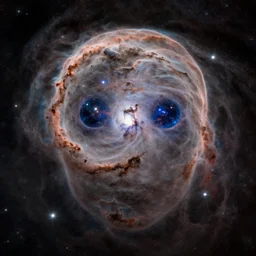 a head - shaped! nebula with stars for eyes, photo taken with james webb telescope