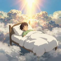 studio ghibli animation of a guy waking up on a bed in the middle of clouds