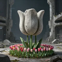 brutalist vertical structure in a shape of a tulip, tulip flowers field, concrete ruins, urban futuristic enviroment, dim lighting, cell shading