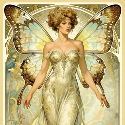 halle berry as a fairy with butterfly wings, intricate, elegant, d & d, powerful, fantasy, art nouveau, illustration by ruan jia and peter polach