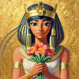 recursive image with a girl holding flowers, ancient egypt, large eyes, her long hair flowing, surreal, oil pastels and gold, in the style of katsuhiro otomo, modeled in poser, redshift render, uhd