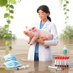 a tall female pathology student holding a piglet, a river flooding inside, medical supplies, vines, medical mask, syringes, pathology sample test tubes, pigs, plants in glass vase, water, river, rapids, canoe, pomegranate, berries dripping, waterfall, swans, acrylic on canvas, surrealist, by magritte and monet