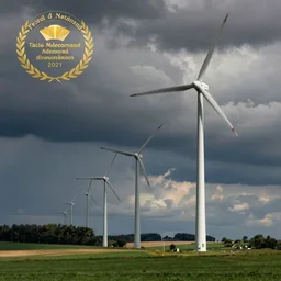 a photo of a German nature landscape with wind turbines