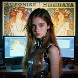 hyperrealist portrait of a pretty young female android with large eyes and long hair standing in front of a computer simulation by jeremy mann and alphonse mucha, fantasy art, photo realistic, dynamic lighting, artstation, poster, volumetric lighting, very detailed faces, award winning