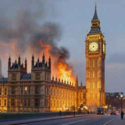 detailed, soft, dynamic painting of the Big Ben in flames, burning, arson, professional painting, at dusk