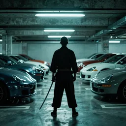 denis villeneuve movie still of a silhouetted yakuza in an underground parking lot, holding a long katana, many exotic cars, rack focus, close establishing shot, monochromatic teal, dark teal lighting, soft dramatic lighting, 4 k digital camera