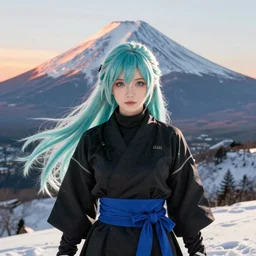 portrait light cyan hair ninja gaiden girl, black plus little blue ninja wardrobe, at snowy fuji mountain sunrise, ssci - fi and fantasy, intricate and very very beautiful, detailed, digital painting, artstation, concept art, smooth and sharp focus, illustration, art by tian zi and wlop and alphonse mucha