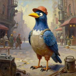 painting of an anthropomorphic bird engineer standing on a busy steampunk city street. hd. 1 9 5 0 s oil painting style.