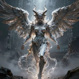 hybrid of an angel and demon, made of flowing energy, horns, wings, villain look, trending on arstation HD