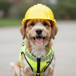 happy puppy wearing hard hat and safety vest,