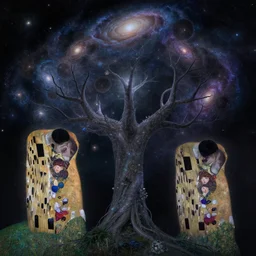 a cosmic yggdrasil with galaxies hanging from the branches by thomas cole and gustav klimt, digital art, artstation, low angle,