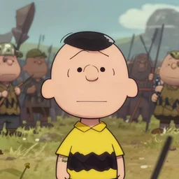 close up cinematic artwork of Charlie brown staring down the enemy on the battlefield by Greg Rutkowski, 4k, masterpiece